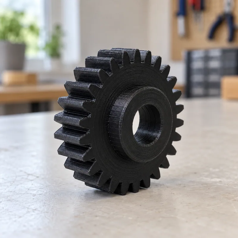 Sort 3D-printet tandhjul på et arbejdsbord